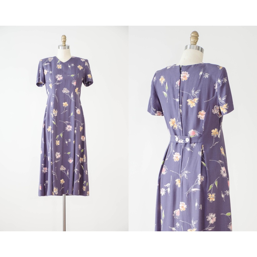vtg purple mauve pastel‎ floral nipped waist midi dress size S